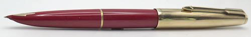 ITEM #6822R: PARKER 61 FOUNTAIN PEN IN BURGUNDY. GOLD PLATED TRIM. PLATD GOLD DOUBLE JEWEL. LATER ENGLISH VERSION. BROAD STUB NIB. CARTRIDGE FILLER. ROBOT CONVERTER.